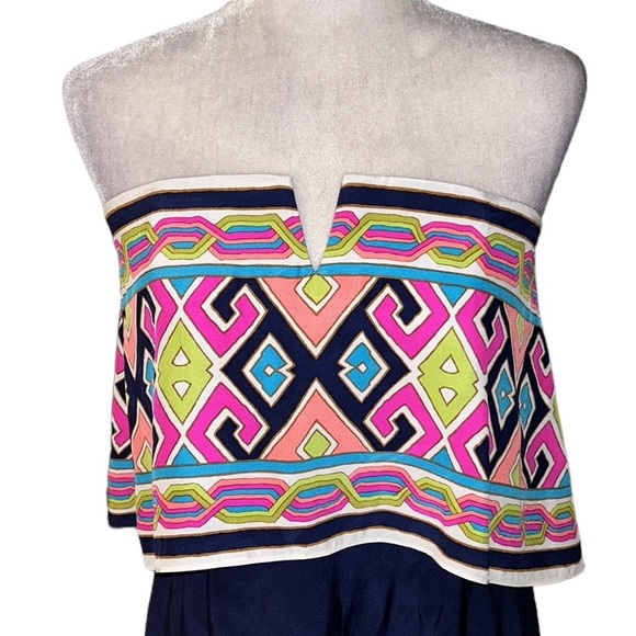 NEW Alice & Trixie Silk Blue Pink Geometric Ruffle Overlay Strapless Dress - S - Picture 2 of 10